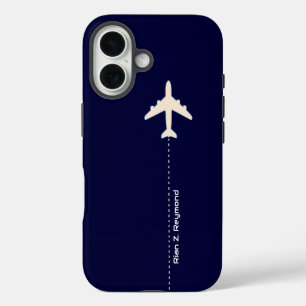 Flugzeug mit gepunkteter Linie auf dunkelblau iPhone 16 Hülle