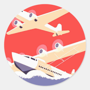 Flugzeug mit Vintagem WPA farbenfroh Runder Aufkleber