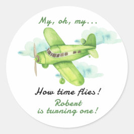 Flugzeug Oh meine Zeit fliegt am ersten Geburtstag Runder Aufkleber