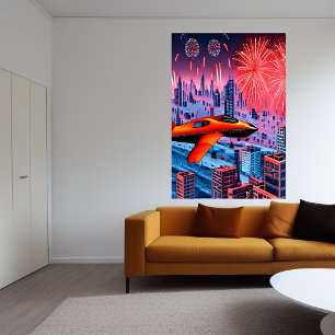 Flugzeug, Stadt und Feuerwerk   AI Art Poster