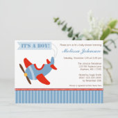Flugzeug Stripes rote blauer Jungen-Babyparty Einladung (Stehend Vorderseite)