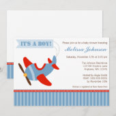 Flugzeug Stripes rote blauer Jungen-Babyparty Einladung (Vorne/Hinten)