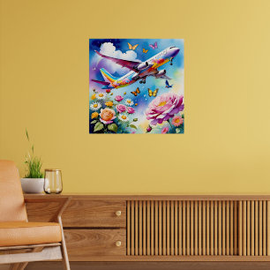 Flugzeug stürzt mit Schmetterlingen über Rose Poster
