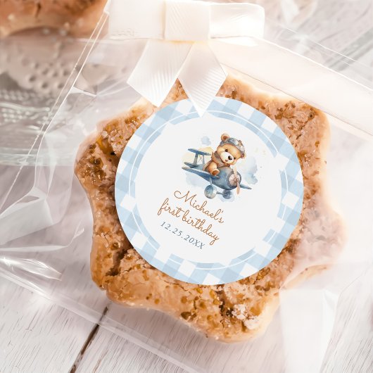 Flugzeug Teddy Bear Blue 1. Geburtstag Runder Aufkleber