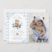 Flugzeug Teddy Bear Blue Time Fliegt Birthday Foto Einladung (Vorderseite)
