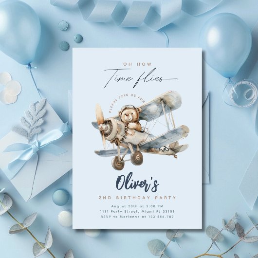 Flugzeug Teddy Bear Blue Time Fliegt Geburtstag Einladung