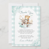 Flugzeug Teddy Bear Pastel Gingham 1. Geburtstag Dankeskarte (Vorderseite)