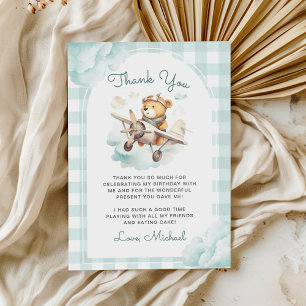 Flugzeug Teddy Bear Pastel Gingham 1. Geburtstag Dankeskarte