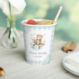 Flugzeug Teddy Bear Pastel Gingham 1. Geburtstag Pappbecher