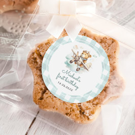 Flugzeug Teddy Bear Pastel Gingham 1. Geburtstag Runder Aufkleber