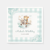 Flugzeug Teddy Bear Pastel Gingham 1. Geburtstag Serviette (Vorderseite)
