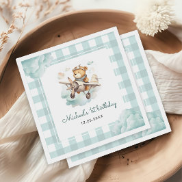 Flugzeug Teddy Bear Pastel Gingham 1. Geburtstag Serviette