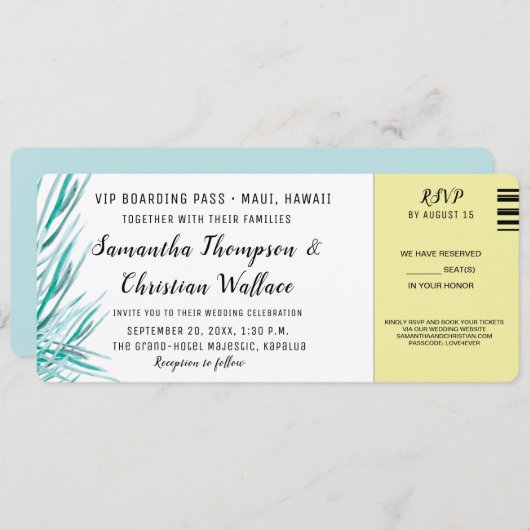 Flugzeug Ticket Green Palm Hochzeit in Urlaubsort Einladung (Vorne/Hinten)