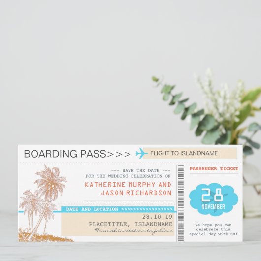 Flugzeug Tickets Boarding Pass Save the Date Desig (Stehend Vorderseite)