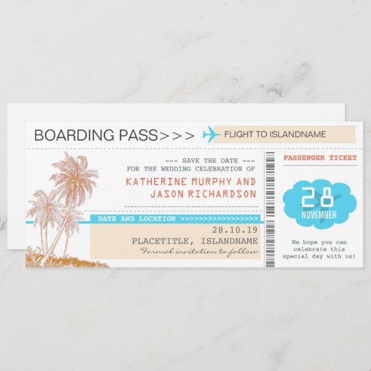 Flugzeug Tickets Boarding Pass Save the Date Desig (Vorne/Hinten)