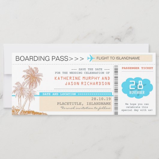 Flugzeug Tickets Boarding Pass Save the Date Desig (Vorderseite)