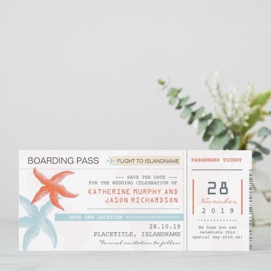 Flugzeug Tickets Boarding Pass Save the Date Desig (Stehend Vorderseite)