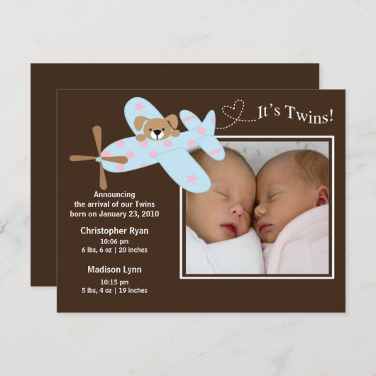 Flugzeug Twins Girl & Boy Geburtsankündigung Ankündigung (Vorne/Hinten)