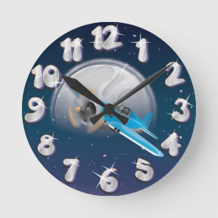 Flugzeug vor dem Mond Runde Wanduhr