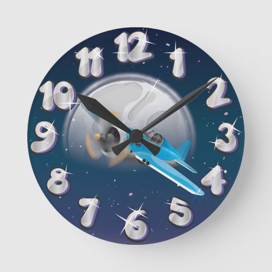 Flugzeug vor dem Mond Runde Wanduhr (Vorderseite)