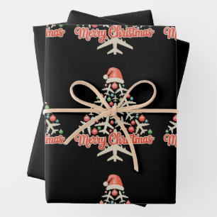 Flugzeug Weihnachtsbaum Pilot Xmas Feiertag Famili Geschenkpapier Set