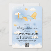 Flugzeug, Wolken & Sterne, Blau, Baby Boy, Niedlic Einladung (Vorderseite)