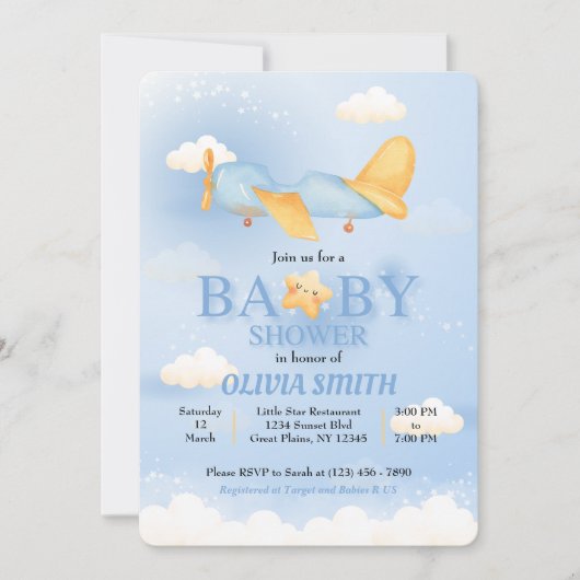 Flugzeug, Wolken & Sterne, Blau, Baby Boy, Niedlic Einladung (Vorderseite)