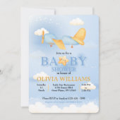 Flugzeug, Wolken & Sterne, Blau, Baby Boy, Niedlic Einladung (Vorderseite)