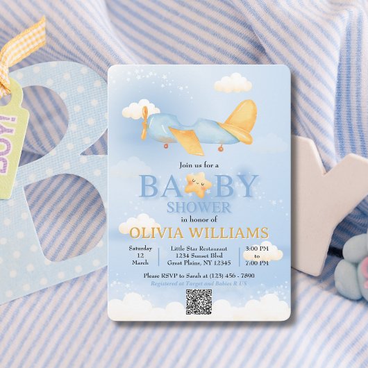 Flugzeug, Wolken & Sterne, Blau, Baby Boy, Niedlic Einladung