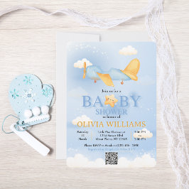 Flugzeug, Wolken & Sterne, Blau, Baby Boy, Niedlic Einladung