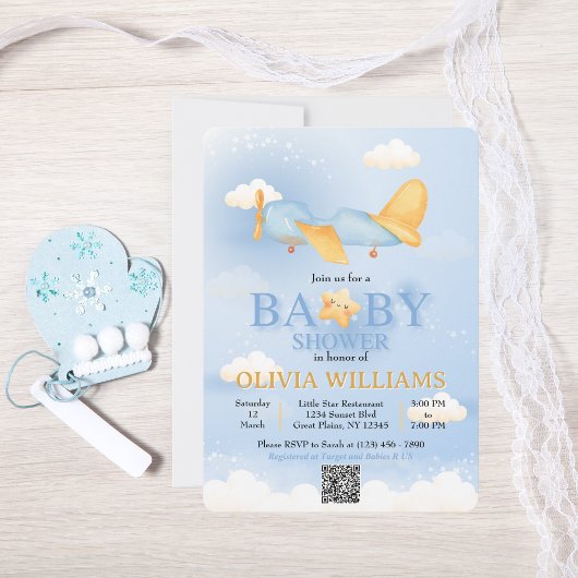 Flugzeug, Wolken & Sterne, Blau, Baby Boy, Niedlic Einladung
