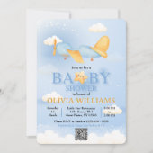 Flugzeug, Wolken & Sterne, Blau, Baby Boy, Niedlic Einladung (Vorderseite)