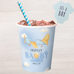 Flugzeug, Wolken & Sterne, Blau, Baby Boy, Niedlic Pappbecher