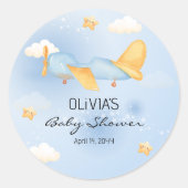 Flugzeug, Wolken & Sterne, Blau, Baby Boy, Niedlic Runder Aufkleber (Vorderseite)