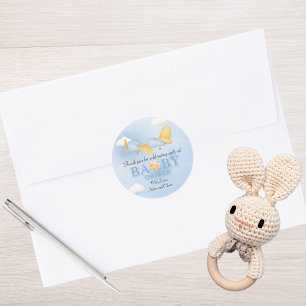 Flugzeug, Wolken & Sterne, Blau, Baby Boy, Niedlic Runder Aufkleber