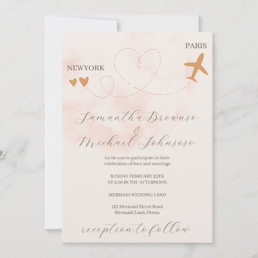 Flugzeug-Zielflug im Ausland Beige Hochzeit Einladung (Vorderseite)