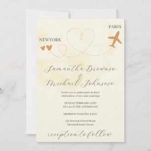 Flugzeug-Zielflug im Ausland Gelbe Hochzeit Einladung