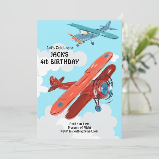 Flugzeuge Kind Geburtstag Einladung (Stehend Vorderseite)