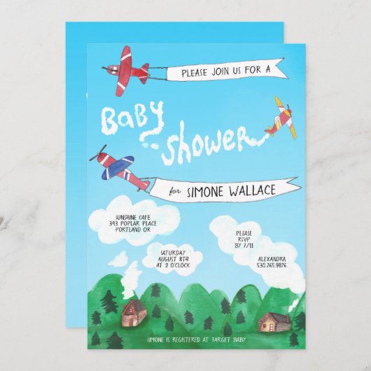 Flugzeuge Rauchsignale Wasserfarbe BABY SHOWER Einladung (Vorne/Hinten)