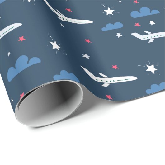Flugzeuge und Sterne in blau Geschenkpapier (Rolleneckpunkt)