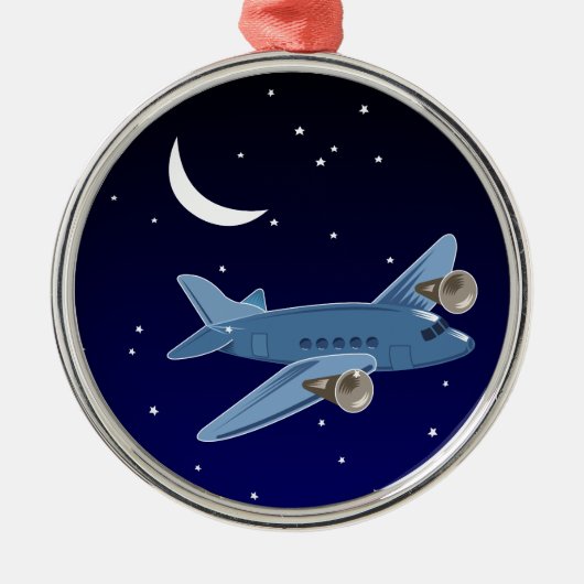 Flugzeugfliegen nachts mit Mond u. Sternen. Pilot Silbernes Ornament (Vorne)