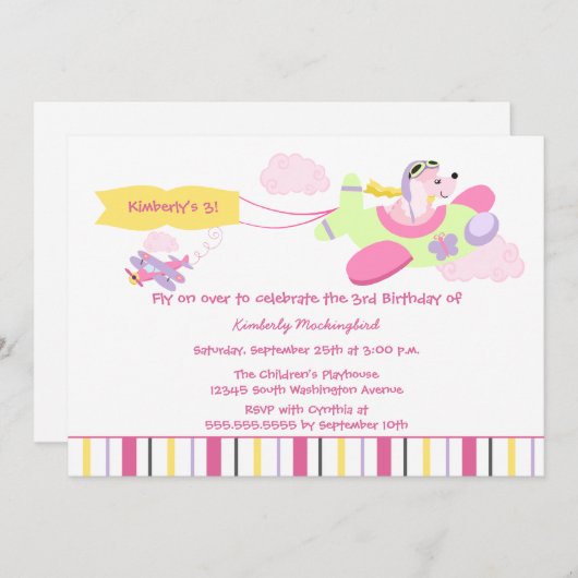 Flugzeughundepilotmädchengeburtstags-Party Einladung (Vorne/Hinten)