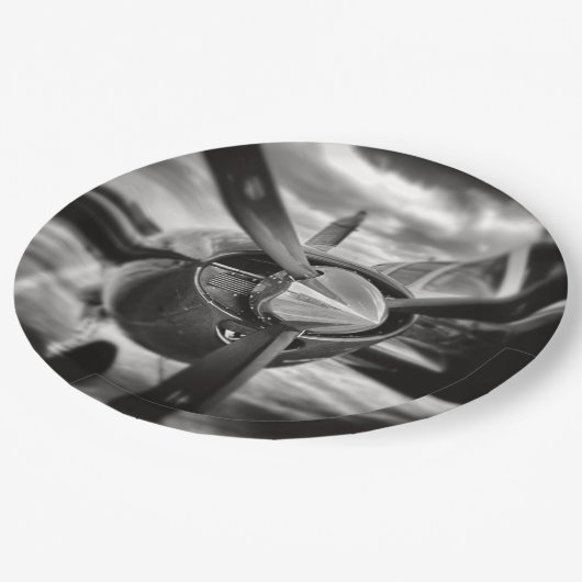 Flugzeugpropeller Schwarz und Weiß Pappteller (Schrägansicht)