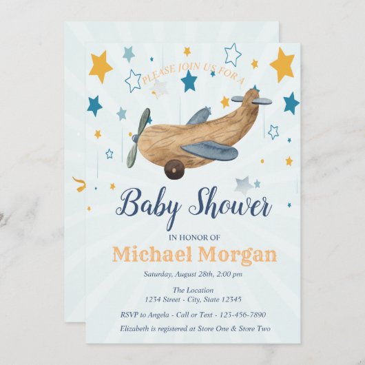 Flugzeugspielzeug, Stars-Kinderdusche Einladung (Vorne/Hinten)