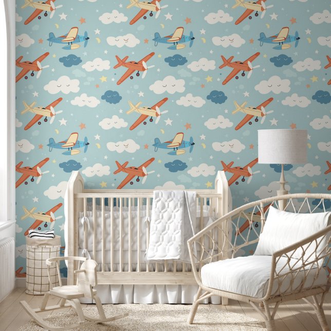 Flugzeugsteine und Cloud Pattern Baby Kinderzimmer Tapete (Kinder)
