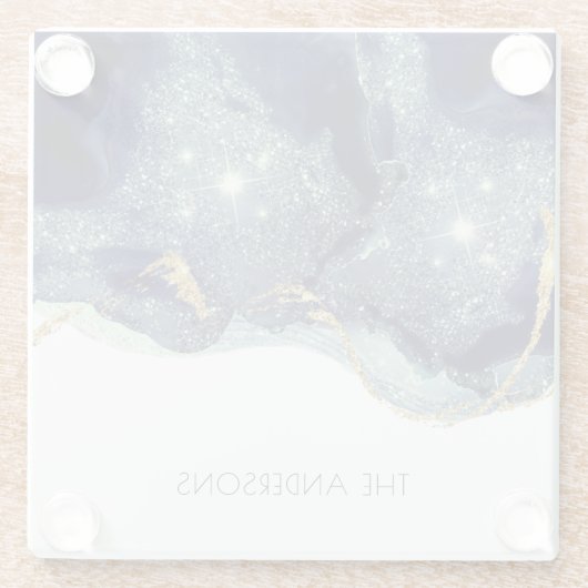 Fluid Abstrakt Alcohol Ink Gold Navy Glitzern Glasuntersetzer (Rückseite)