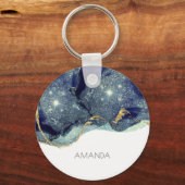 Fluid Abstrakt Alcohol Ink Gold Navy Glitzern Schlüsselanhänger (Vorderseite)