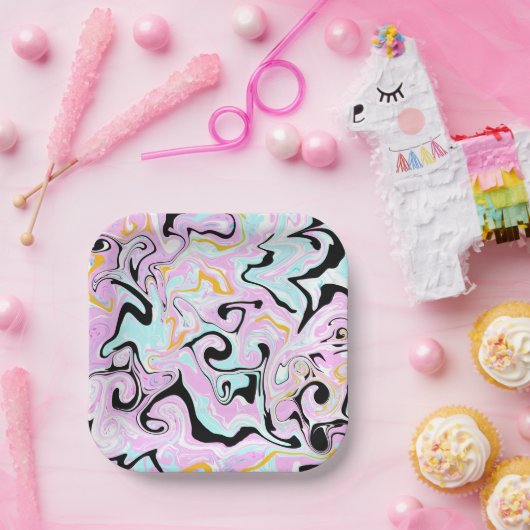 Fluid Art Cotton Candy Pink, Aquamarin, Schwarz un Pappteller (Party)