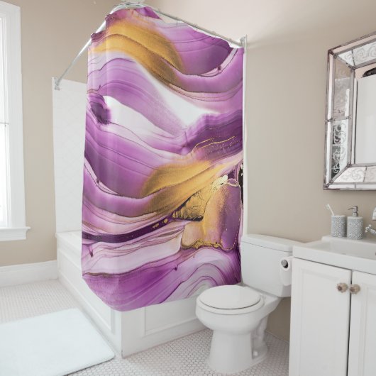 Fluid Art, lila goldmarmorierte Textur. Duschvorhang (Beispiel)