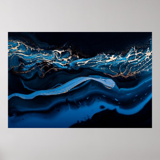 Fluid Art. Liquid Metallic Gold in abstrakt blau w Poster (Vorne)